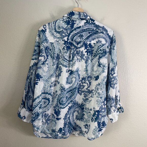 Chicos Womens 16 Blue No Iron Paisley Linen Shirt Long Sleeve Button Up Blouse - Picture 10 of 12